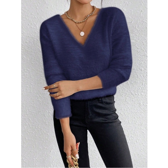 Navy Blue Fuzzy V-Neck Pullover Knit Sweater Long Sleeve - Picture 3 of 7
